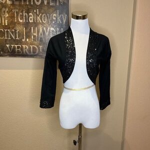 Cable & Gauge Bolero Cropped Shrug Cardigan Black Sequin